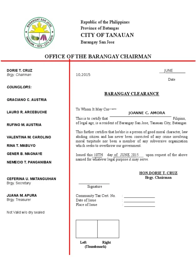 Barangay Clearance Certificate